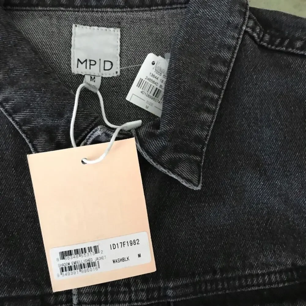 MinkPink NWT Demin Jacket Cotton Embellished Silver Beaded Fleur de Lis - Picture 8 of 8